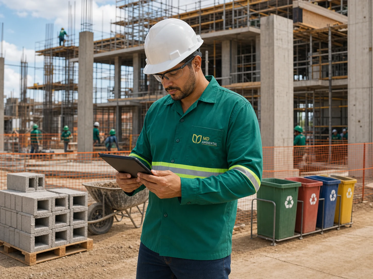 Consultor da MD Ambiental acompanhando conformidade ambiental em canteiro de obras.