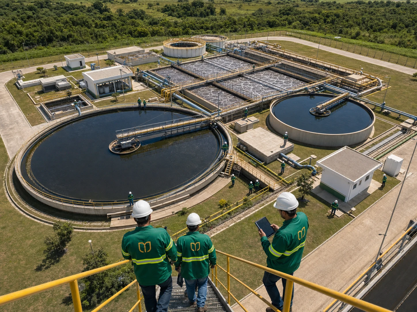 Vista aérea de estação de tratamento de água e efluentes com equipe da MD Ambiental em campo.