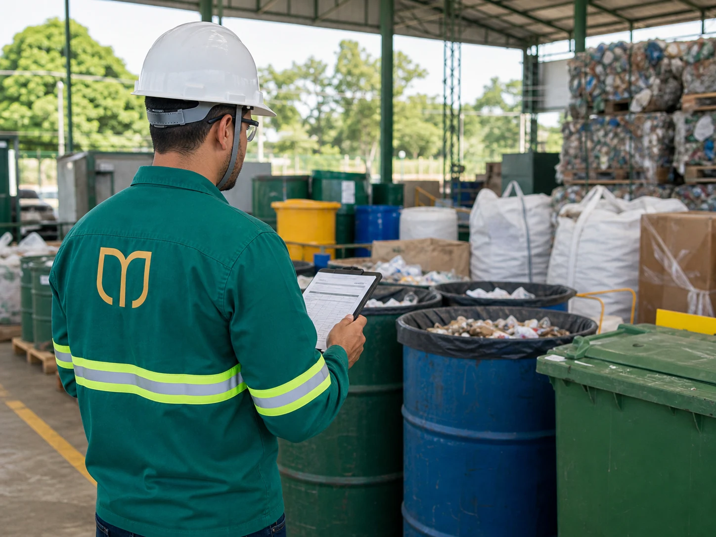 Consultor da MD Ambiental inspecionando área de armazenamento, separação e gestão de resíduos.