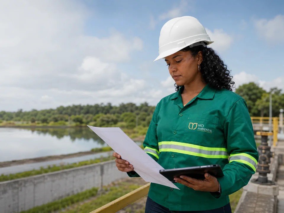 Profissional da MD Ambiental avaliando documentos técnicos em área com corpo hídrico.
