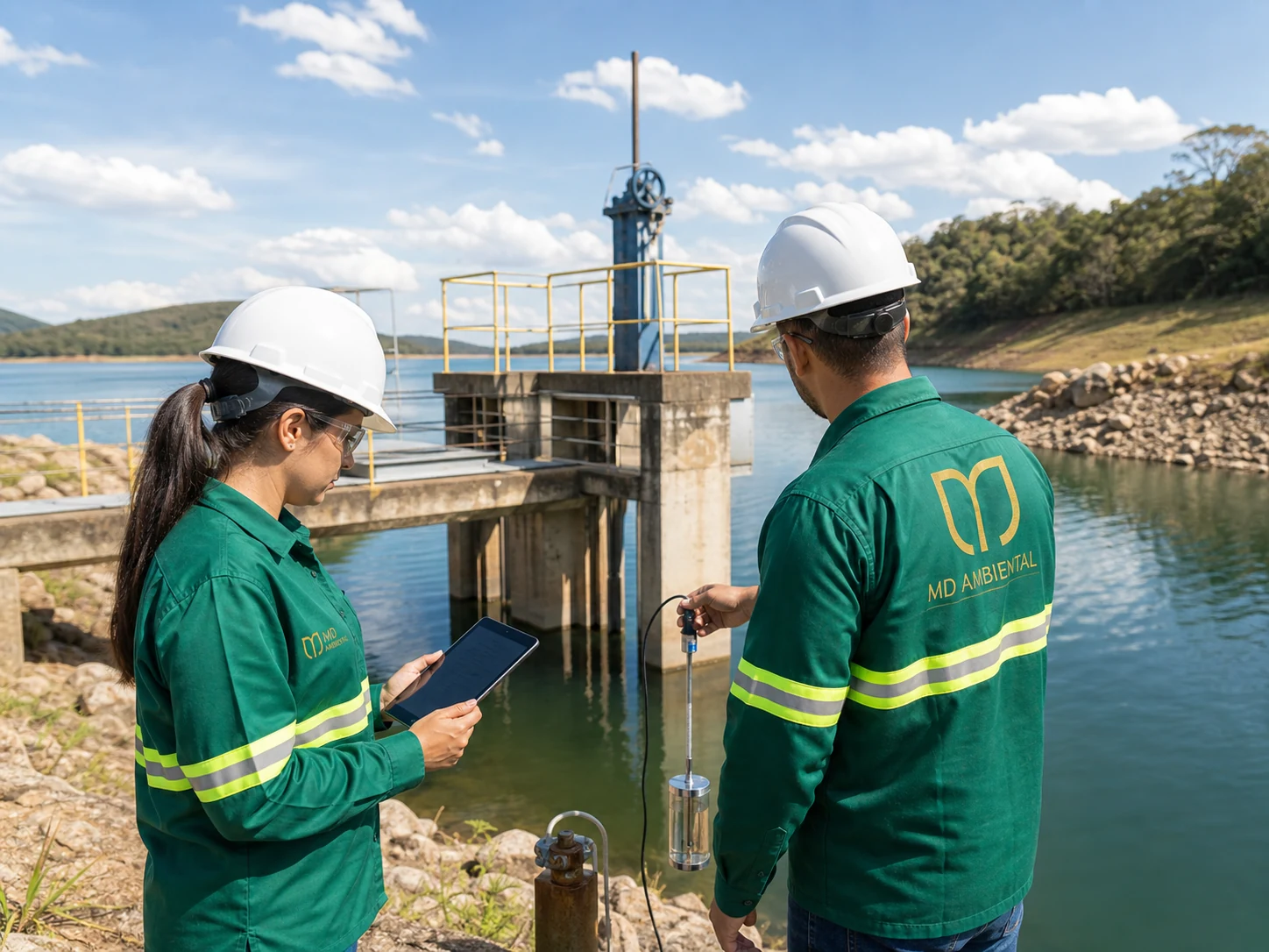 Equipe da MD Ambiental vistoriando estrutura de captação e controle de uso de recursos hídricos.