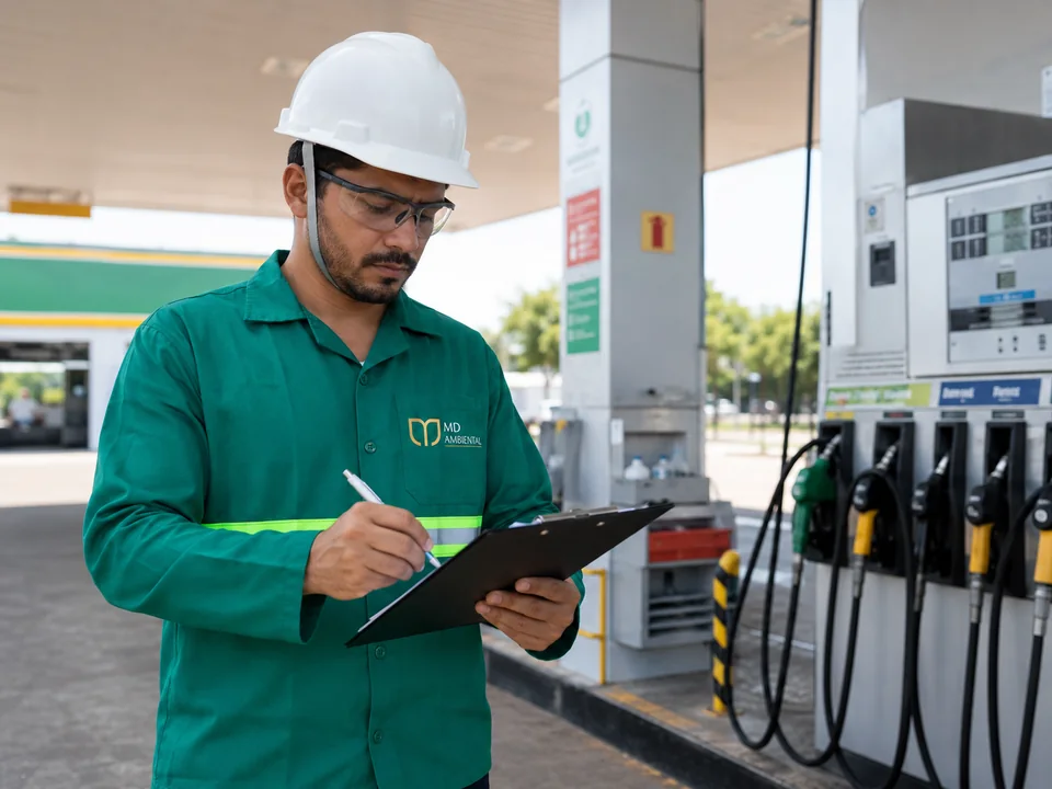 Profissional da MD Ambiental registrando informações em posto de combustíveis.